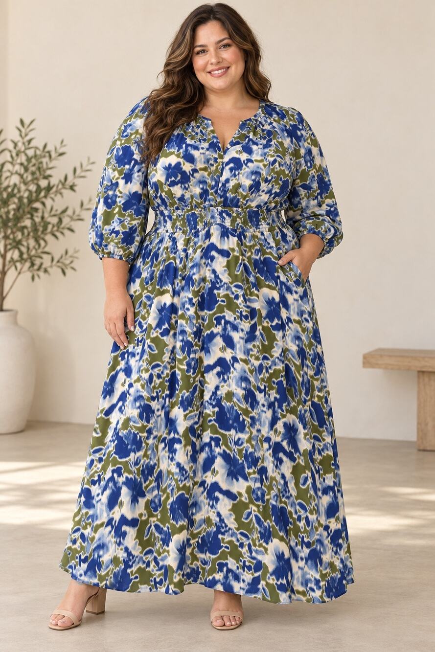 NWT Lane Bryant Size 24 Blue Green Floral Smocked-Waist Maxi Dress